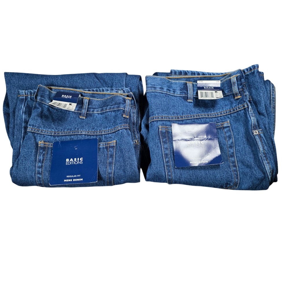 2 Pairs Basic Editions Mens Regular Fit Jeans Medium Wash Kmart 40W x 30L NEW